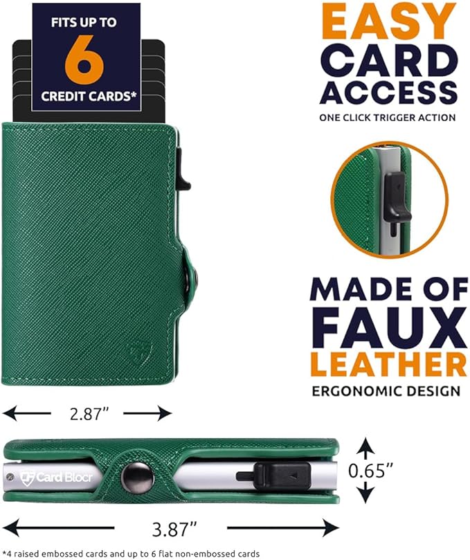 Card Blocr Womens Slim Wallet for Small Purses, Pop Up Wallet with Anti Theft RFID Blocking Credit Card Holder for Women in Green PU Saffiano Leather
