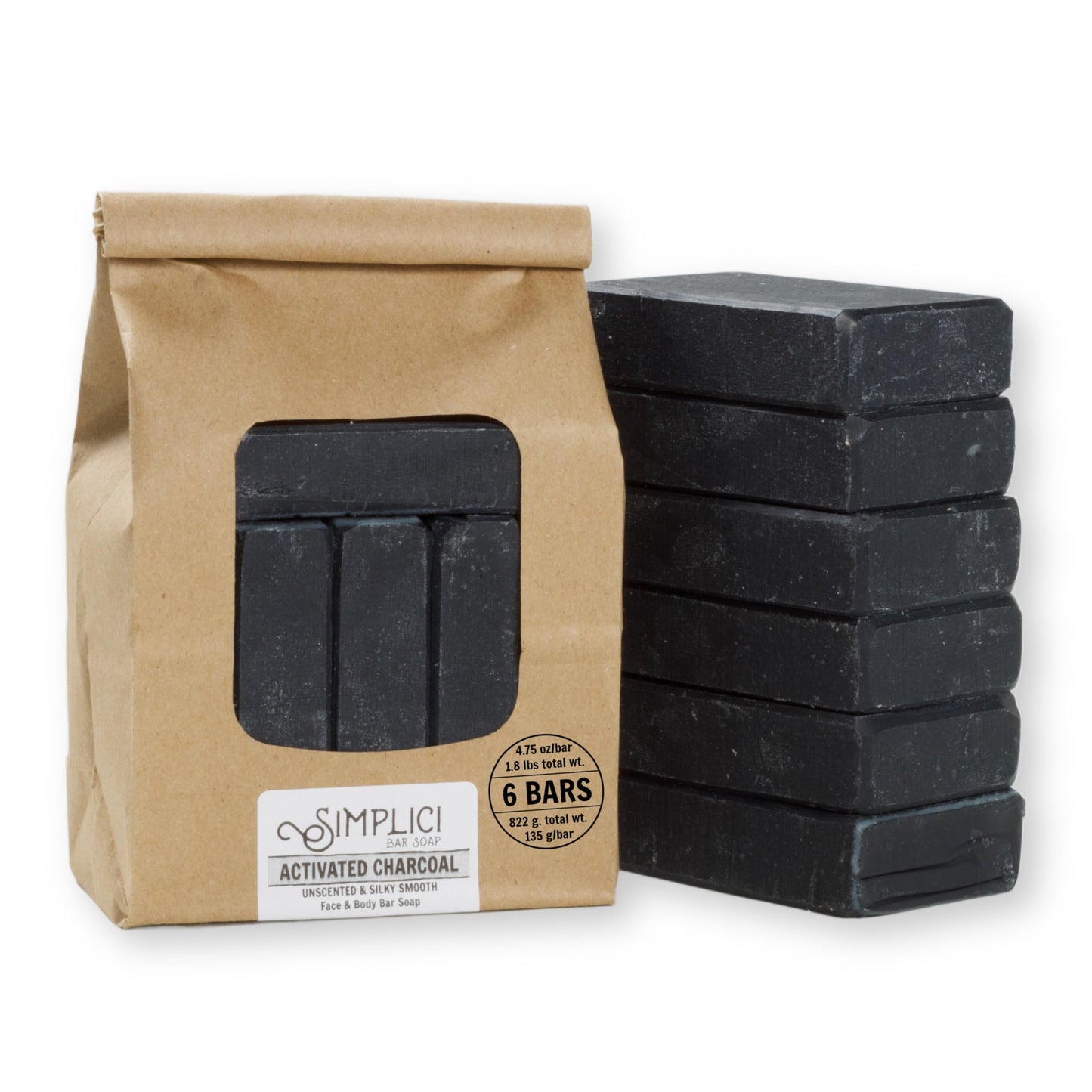Simplici Activated Charcoal Natural Soap (smooth + for sensitive skin) 6 Bar Value Bag. Palm Free.
