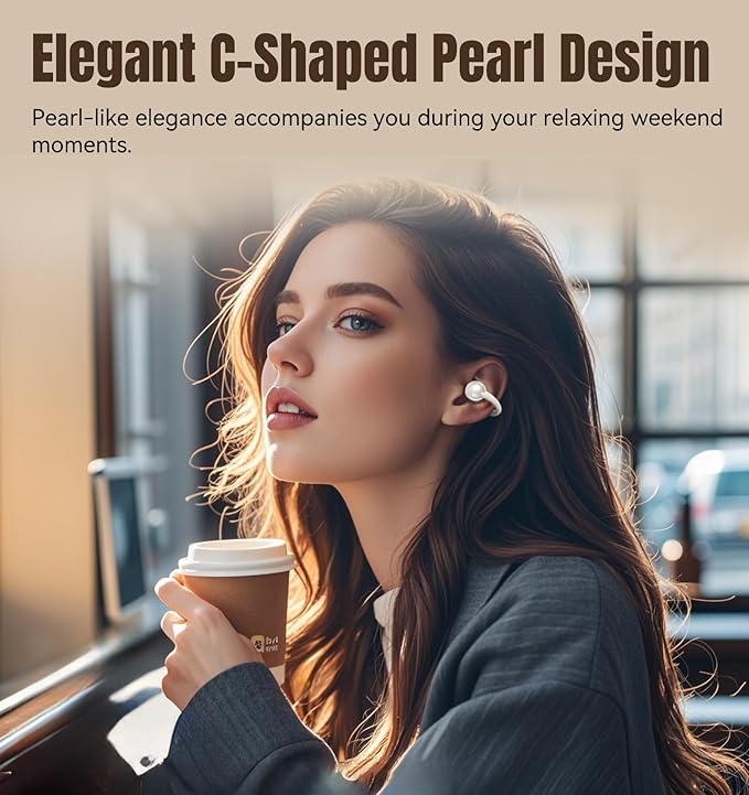 King Lucky Clip on Earbuds Open Ear Wireless Bluetooth 5.4 Headphones with Mic,50H Play,Noise Cancelling,Waterproof,Sports Ear Buds,Comfortable for Small Ears & Glasses Wearers,Workouts (Pearl White)