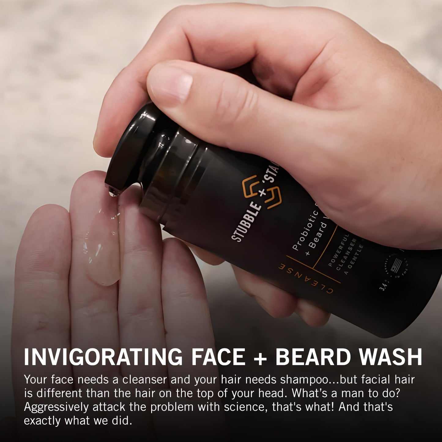 stubble & stache Face Wash and Beard Wash for Men – Daily Facial Cleanser with Niacinamide, Aloe Vera, Green Tea, and Probiotics – Fragrance-Free – 3.4 fl oz