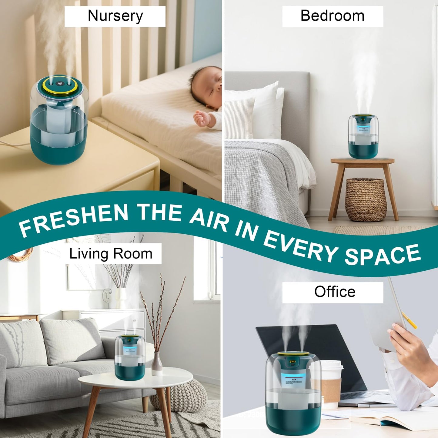 Humidifier with Double Nozzle, 2.2L Humidifiers for Bedroom, 26dB Quiet Dual Spray Cold Mist Humidifier for Plants, Office, and Home Baby Nursery, 3 Gear and Night Light, Easy to Fill & Clean