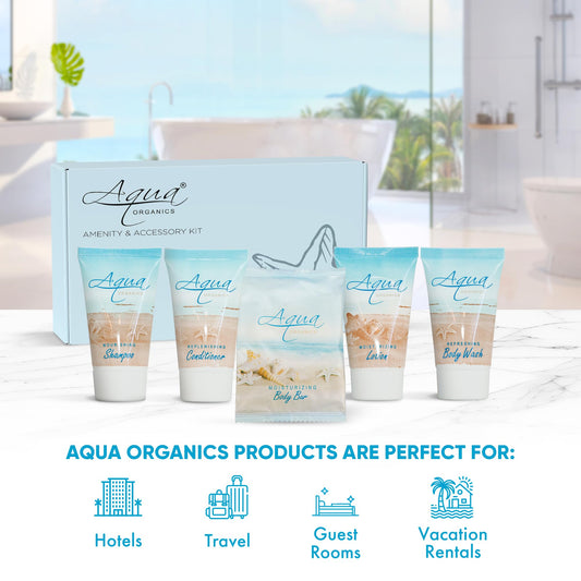 1-Shoppe Aqua Organics Amenity Kit | Boxed Hotel Toiletries Bulk Set | 1 oz Shampoo, Conditioner, Lotion, Body Wash & Bar Soap | 5 piece set