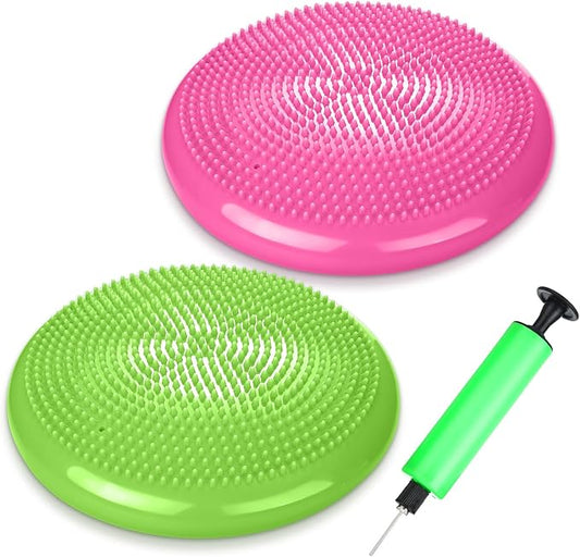 2 Pcs Wiggle Seat Inflated Wobble Cushion Flexible Balance Disc with Air Pump for Core Stability Strengthening Improving Posture Physical Exercise
