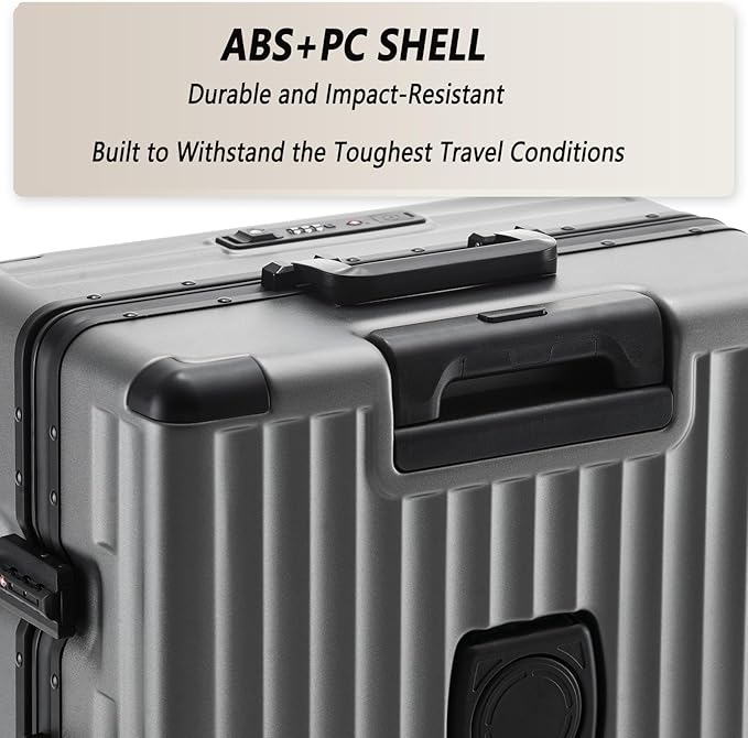 26 Inch Zipperless Checked Travel Luggage with Spinner Wheels,Aluminum Frame Hard Shell Front Pocket Suitcase with Compartment TSA Approved USB Port,Cup & Phone Holder for Women Men,Silver