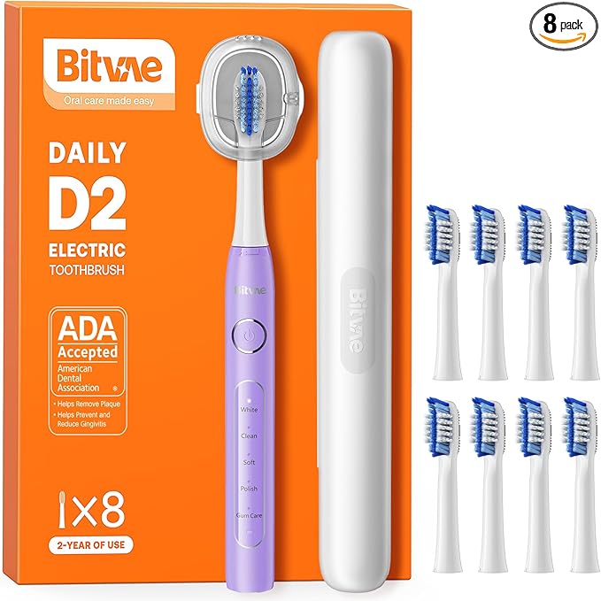 Bitvae Ultrasonic Electric Toothbrush for Adults and Kids, ADA Accepted Travel Toothbrush with Rechargeable 60-Day Battery Life, 5 Modes, 8 Heads, Case, Holder, Purple