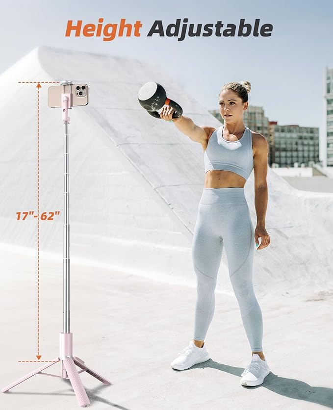 62" Phone Tripod & Selfie Stick, Tripod for iPhone with Remote, All-in-1 Cell Phone Stand, Portable, Extendable Stand for Selfies Video Recording Vlog, Compatible with iPhone Android (Pink)