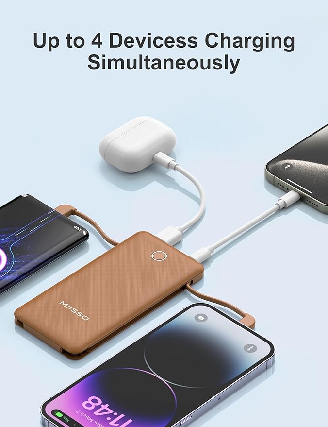 10000mAh Slim Portable Charger with Built in Cable, Power Bank Travel Charger External Battery Pack for Phone, 4 Output USB Type C Cord Clutch Charger Compatible with iPhone, Brown