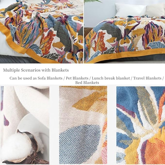 Boho 100% Cotton Throw Blankets 60"x80", Ultra Soft Lightweight Cotton Quilts Travel Blankets Summer Home Decor Blankets for Couch, Sofa,Beding Living Room