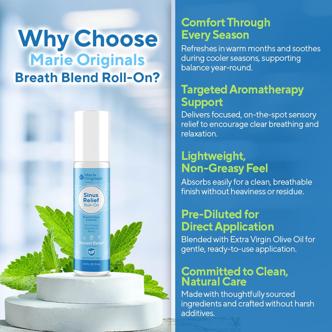 Marie Originals Breathe Blend Essential Oils Sinus Roll on | Natural Eucalyptus, Peppermint Lavender Essential Oil Roll on | Aromatherapy Support for Clear Breathing, Head Ease, Relaxation | 10 mL