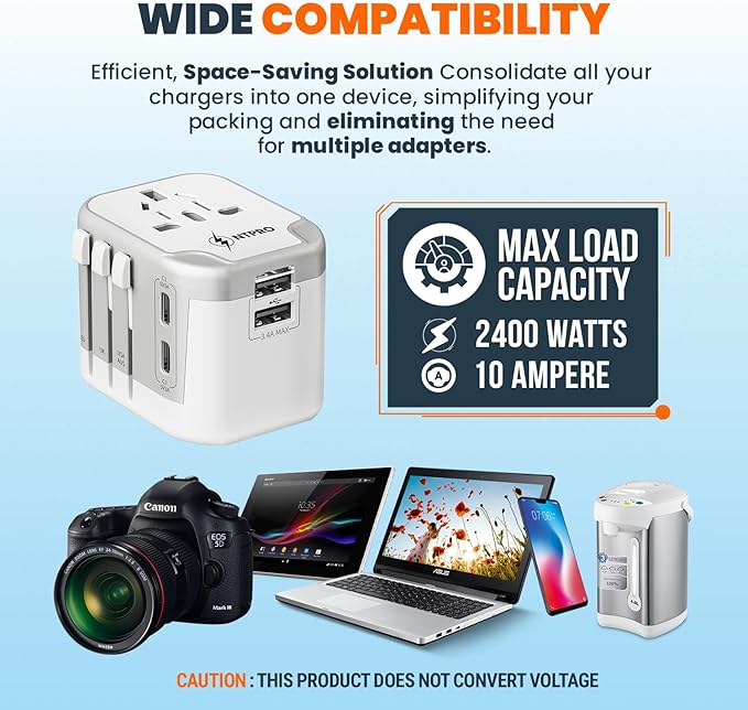 5 in 1 Universal Travel Adapter-10A | International Power Adapter with 2 USB C, 2 USB A Ports | 3.4A & 2400W Fast Portable Charger | Travel Adapter Worldwide Covering 200+ Countries- White