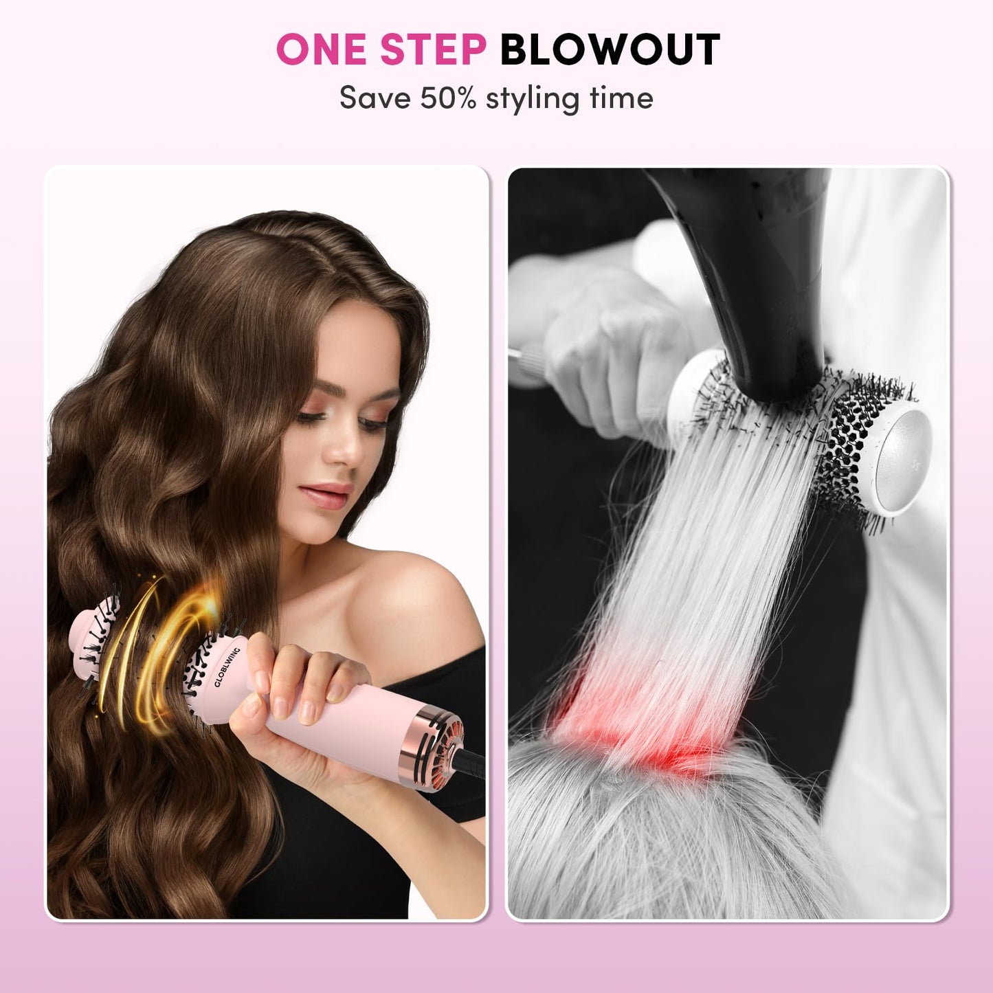 GLOBLWING Travel Dual Voltage Hair Dryer Brush Compact Mini Hot Air Brush with European Plug One Step Blow Dryer and Styler for Women, Oval Barrel 3 Heat & 2 Speed Settings