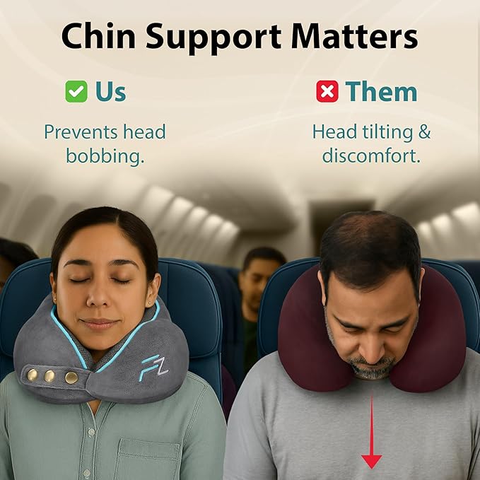 Memory Foam Travel Pillow for Airplanes & Car Rides - Adjustable Airplane Pillow with 360° Chin and Neck Support for Comfy Naps, Extra-Soft Washable Neck Pillow Cover, Squeezy Mesh Bag - Grey