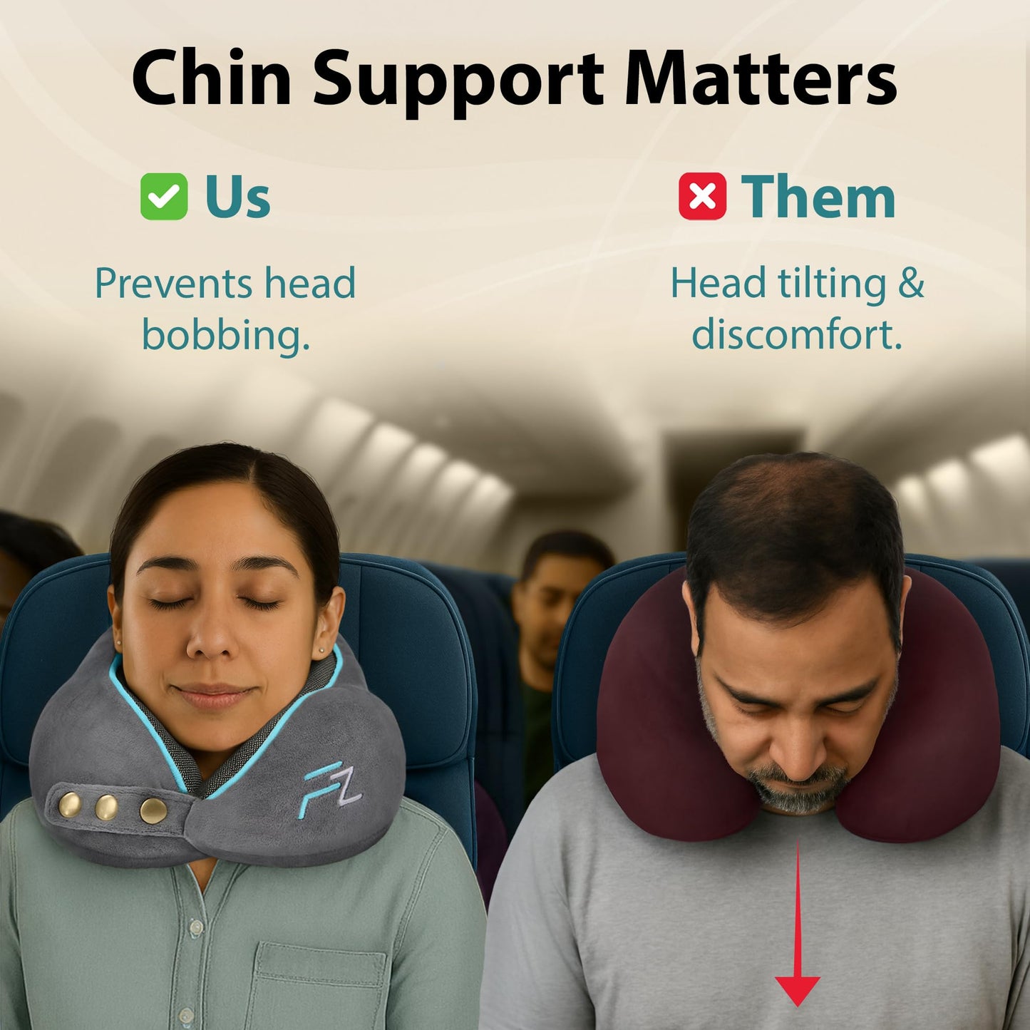 FLOWZOOM Memory Foam Travel Pillow for Airplanes & Car Rides - Adjustable Airplane Pillow with 360° Chin and Neck Support for Comfy Naps, Extra-Soft Washable Neck Pillow Cover, Squeezy Mesh Bag - Grey