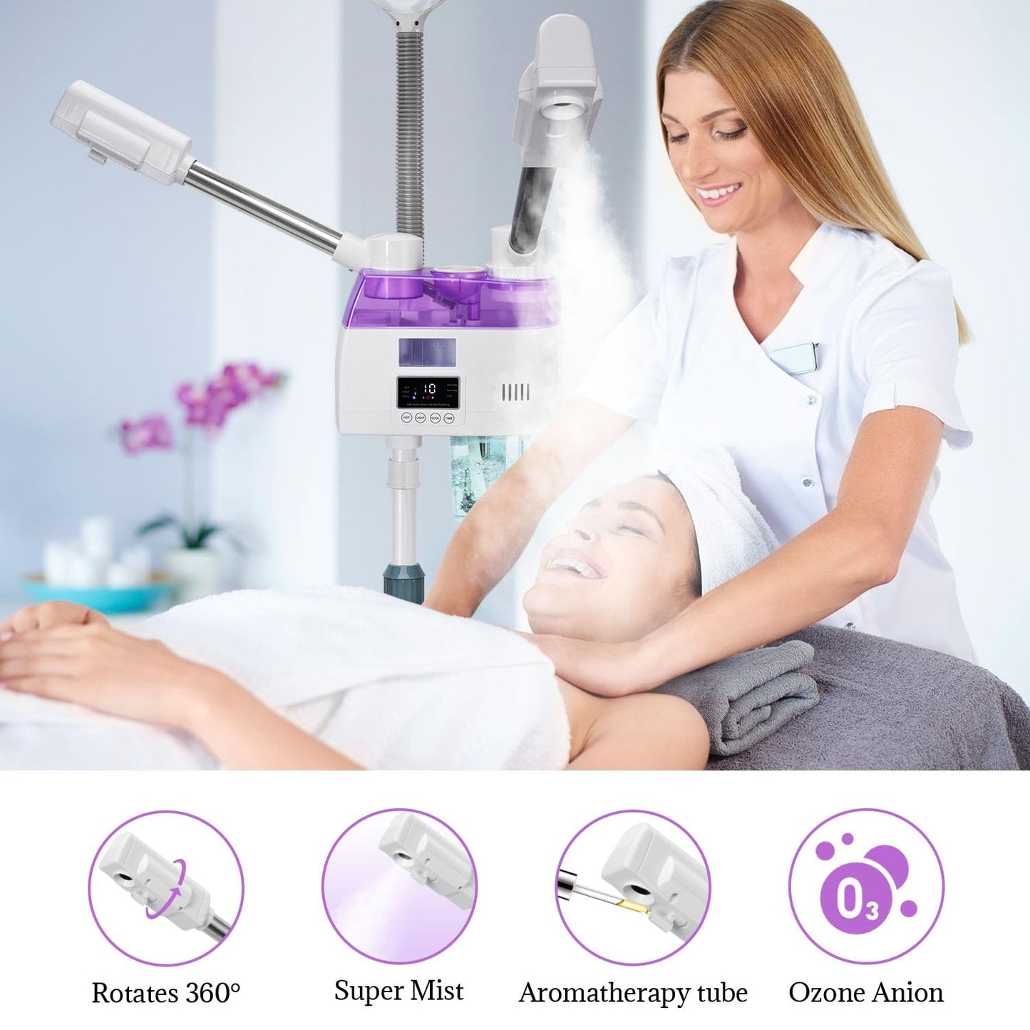 3 in 1 Facial Steamer,Professional Facial Steamer with 5X Magnifying LED Lamp, Esthetician Steamer with Hot & Cold Mist, Face Steamer On Wheels for Salon Spa Beauty Skin Care