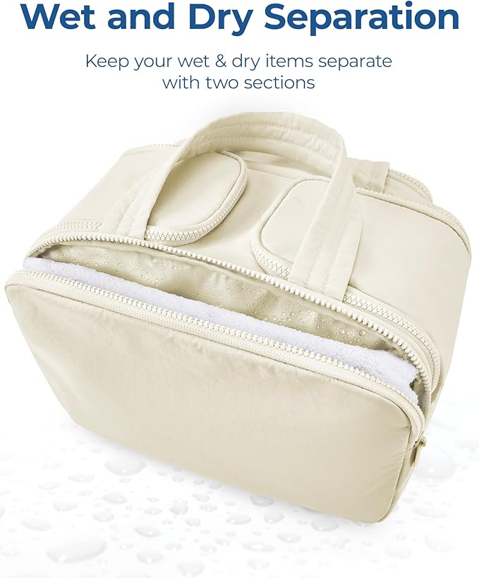BAGSMART Travel Toiletry Bag, Lightweight Large Wide-open Travel Bag for Women, Puffy Cosmetic Makeup Bag Organizer with Handle for Accessories,Essentials, Toiletries, Beige