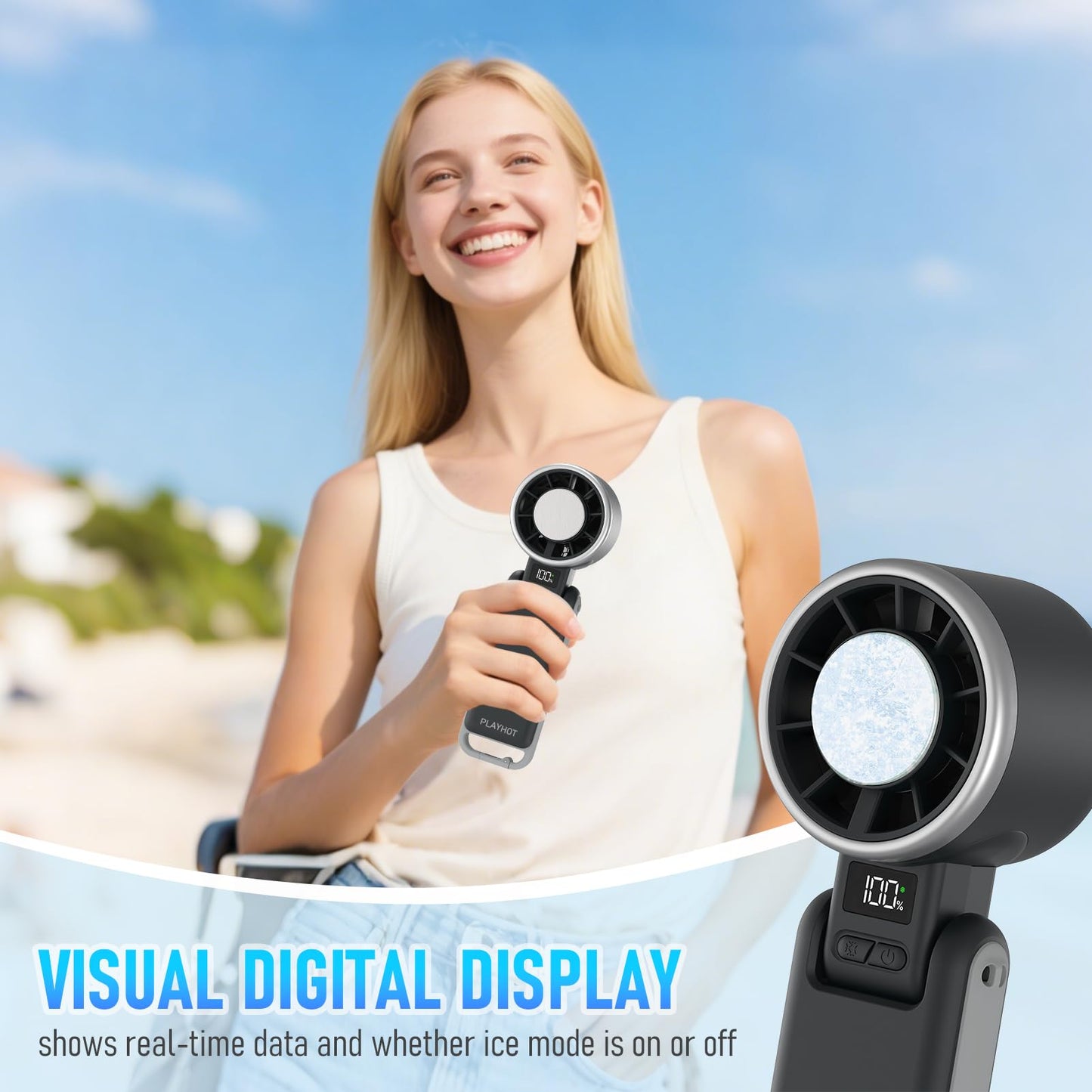 PlayHot Portable Handheld Turbo Fan with Ice Cooling, Rechargeable Personal Fan, Up tp 12Hrs Cooling, 5 Speed 25550RPM Powerful Portable Fan for Travel, Outdoor, Camping, Hiking (Black)