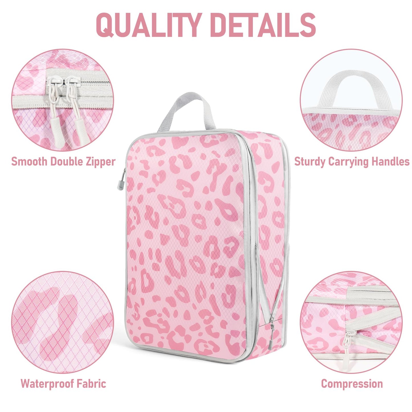 Lemoobolsa 4 Set Compression Packing Cubes For Travel Bags Organizer For Luggage Suitcase Organizer, Compression Bags For Travel Accessories Luggage Storage Set (4 Pcs, Pink Leoparda)