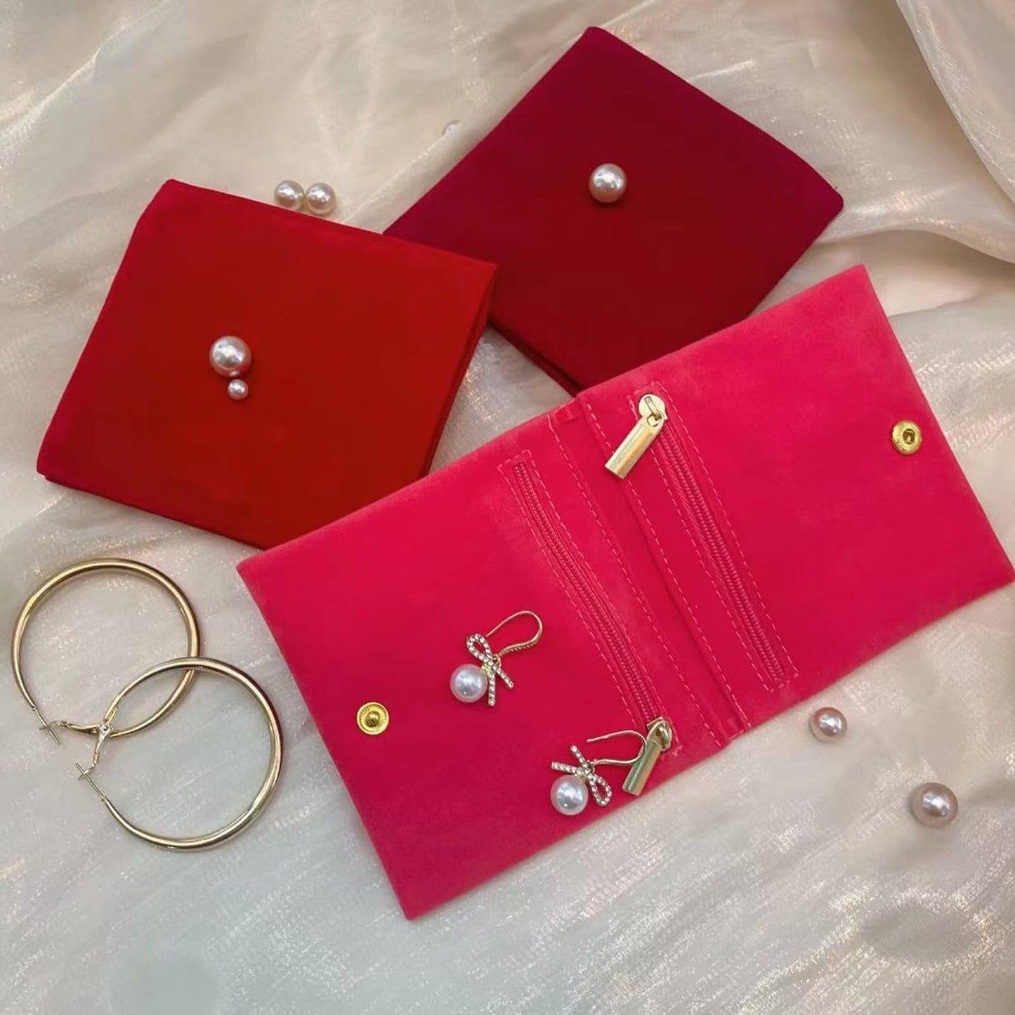 3pcs Small Jewelry Bags Zipper Jewelry Pouches Jewelry Organizer Cases Jewerly Rolls Small Bags for Jewelry Gift Bags Little Bags for Jewelry Travel Jewelry Pouch, 4"x4",Red