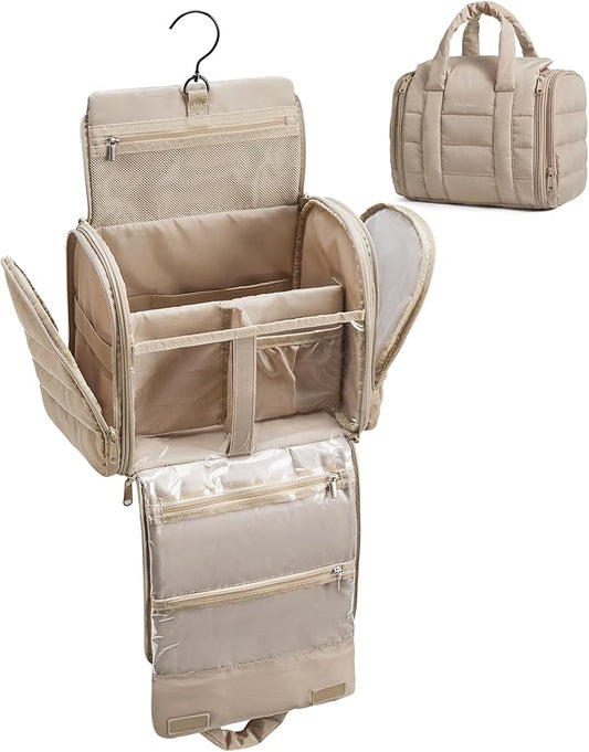 BAGSMART Puffy Travel Makeup Bag, Portable Hanging Toiletry Organizer with Removable Partition, Organizer for Travel-Sized Shampoo, Conditioner, Brushes Set, makeup Accessories, Camel