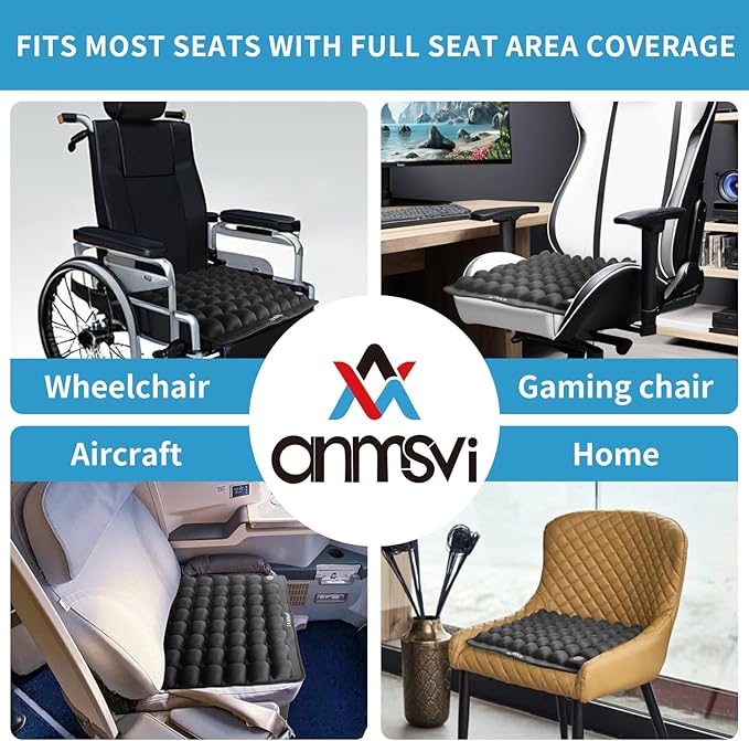 Air Inflatable Pressure Relief Seat Cushion for Wheelchair, Car, Office, Home Living, Adjustable Firmness for Coccyx, Sciatica Pain Relief, Tailbone Pain Relief, 18x17 inches with Grey Cover