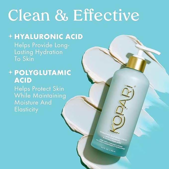 Kopari Hydrating Silk Body Cream with Hyaluronic & Polyglutamic Acids – Long Lasting Moisturizer for Dry Skin, Lightweight & Silky Texture, Sweet Coconut Milk Scent, 6.7 oz
