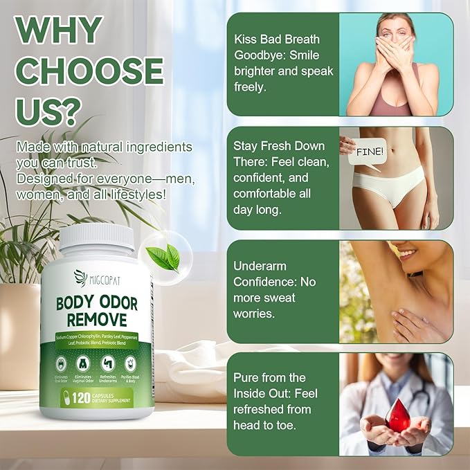 Chlorophyll Body Deodorizing Supplement with 10 Billion CFU Probiotic, Vitamin C & E, Parsley, Peppermint, Green Tea, Prebiotics, Chlorophyll Capsules Supports Breath & Whole-Body Freshness, 120 Caps