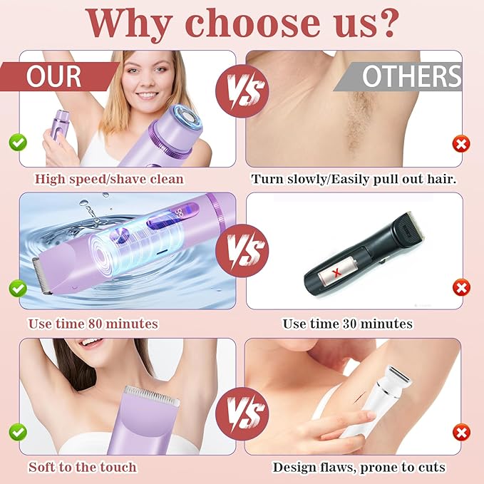 Bikini Trimmer for Women 2in1 High Power Epilators Hair Removal Waterproof Electric Razors Women's Electric Razor Pubic Hair Trimmer Shaver for Women for Ladies Pubic，Face， Underarms，Legs (Purple)