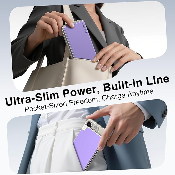 Auskang Purple Slim Power Bank with Built in Cable-5000mAh Thin USB C Portable Charger Compatible with iPhone16 15 Series/Samsung, Google Pixel/Android etc-Thin Battery Pack for Outdoor Travel