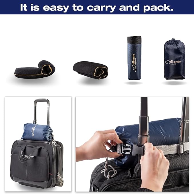 Travel & Camping Comfortable Memory Foam Pillow – Easy to Carry Portable Bag – Temperature Regulating Pillow Case (Black Contour + Extra Cover)