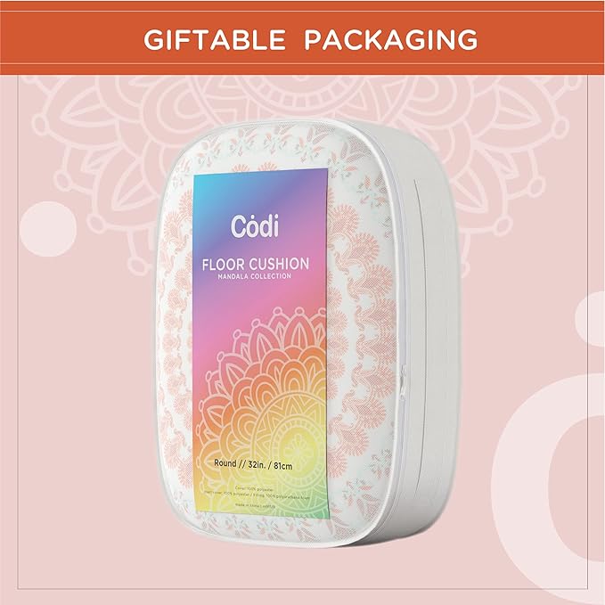 Codi Floor Pillows for Adults Set of 2, Large Boho Meditation Cushions with Memory Foam, Round Mandala Seating for Outdoor Yoga and Living Room, Washable, 32 Inch, Coral