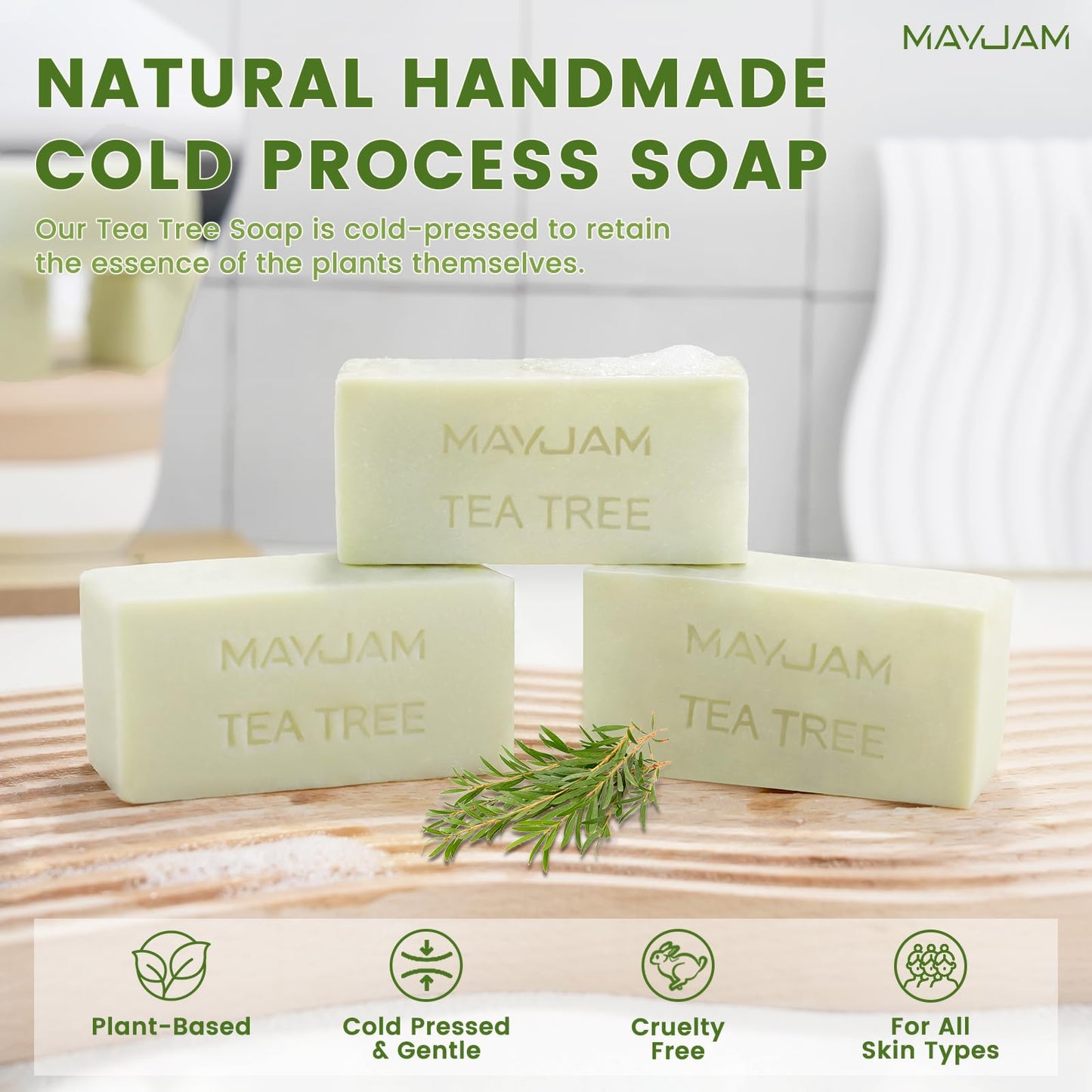 Tea Tree Oil Soap Bar, Natural Botanical Tea Tree Bar Soap with Vitamin E, Pure Plant Oil Bath Soap for Body Face Fights Acne, Tinea, Ringworm, Skin Itch Irritation and Prevents Breakouts (Pack of 3)