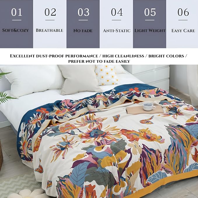 Boho 100% Cotton Throw Blankets 60"x80", Ultra Soft Lightweight Cotton Quilts Travel Blankets Summer Home Decor Blankets for Couch, Sofa,Beding Living Room
