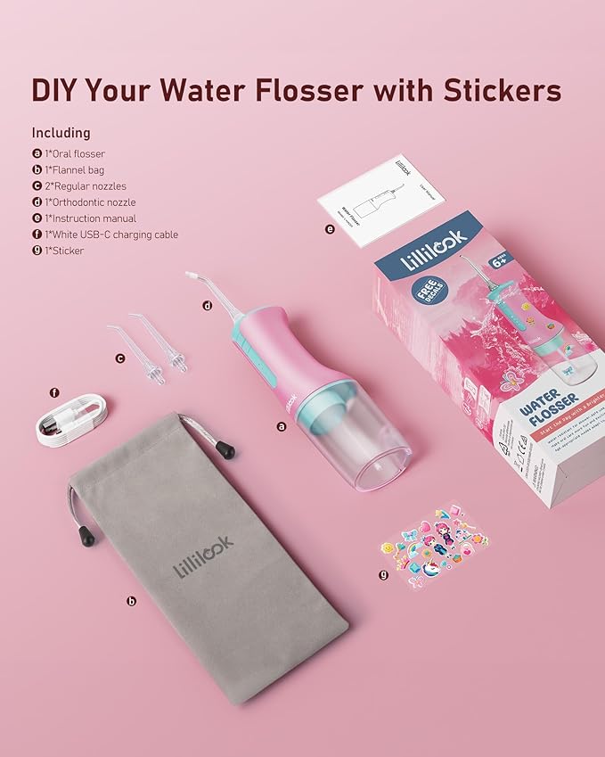Kids Water Flosser Pink, Rechargeable Oral Irrigator for Kids Aged 6+, 4 Modes, 3 Jet Tips, Fun Stickers, Safe and Gentle Oral Care