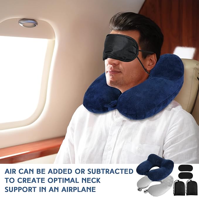 Sintuff 2 Pack Inflatable Travel Pillow for Airplanes Inflatable Neck Flight Pillows with Compact Bag and Blindfold for Traveling, Airplane, Train, Car, Office(Gray and Blue)