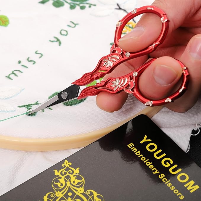 Antique Embroidery Scissors with Case, Needlework Scissors for Sewing Crafting Cross Stitch Crochet Yarn, Detail Shears Threading Snips Vintage Golden Red