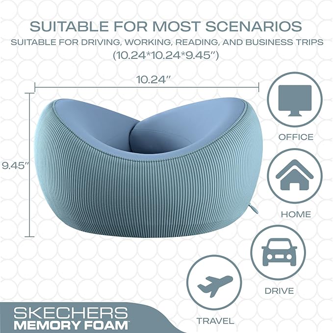Skechers Memory Foam Neck Pillow, Comfortable & Breathable Travel Pillow,Neck Pillow Airplane for Travel, Car Rides, Home, and Office Use, Ergonomic Design for Men and Women,Light Blue