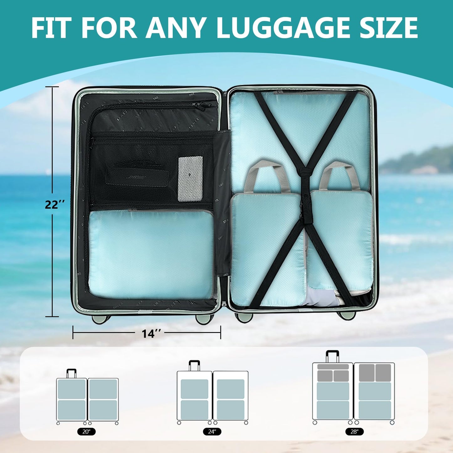 4 Set Compression Packing Cubes for Travel, Suitcase Organizer Bags Set for Luggage, Road Trip Travel Accessories in 4 Sizes (Extra Large, Large, Medium, Small), Blue