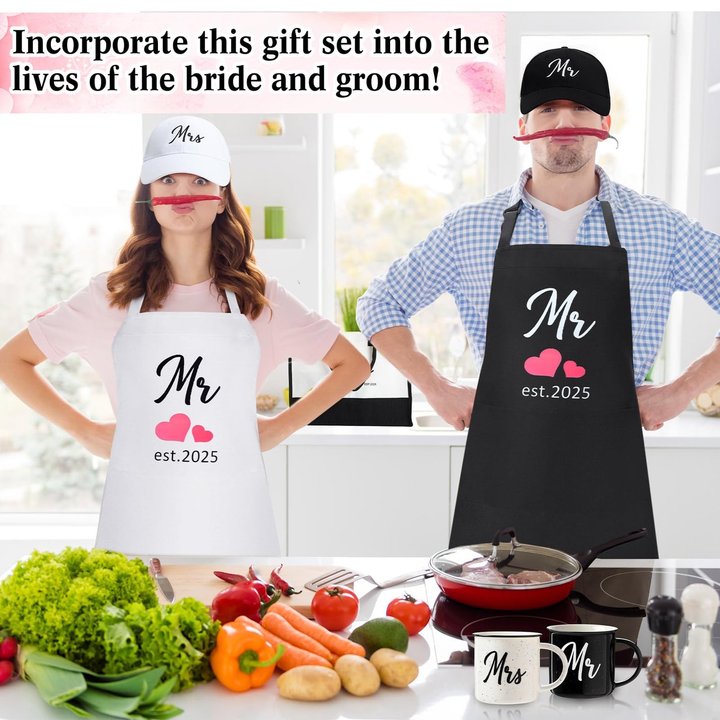 Singhoow 15 Pcs 2025 Wedding Gift Mr and Mrs Gifts for Couples Set, Mr and Mrs Aprons Wedding Honeymoon Bridal Shower Cooking Gifts Ideas for Bride Groom Engagement Anniversary Travel (Adventure)