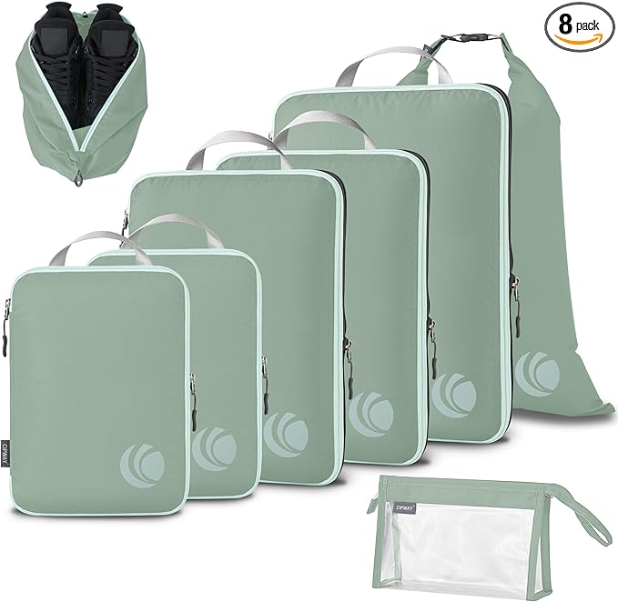Cipway Compression Packing Cubes, Lightweight Travel Luggage Organizers with Shoe, Toiletry & Laundry Bags, Travel Essentials for Carry-on Suitcase (8 Piece, Sage Green)