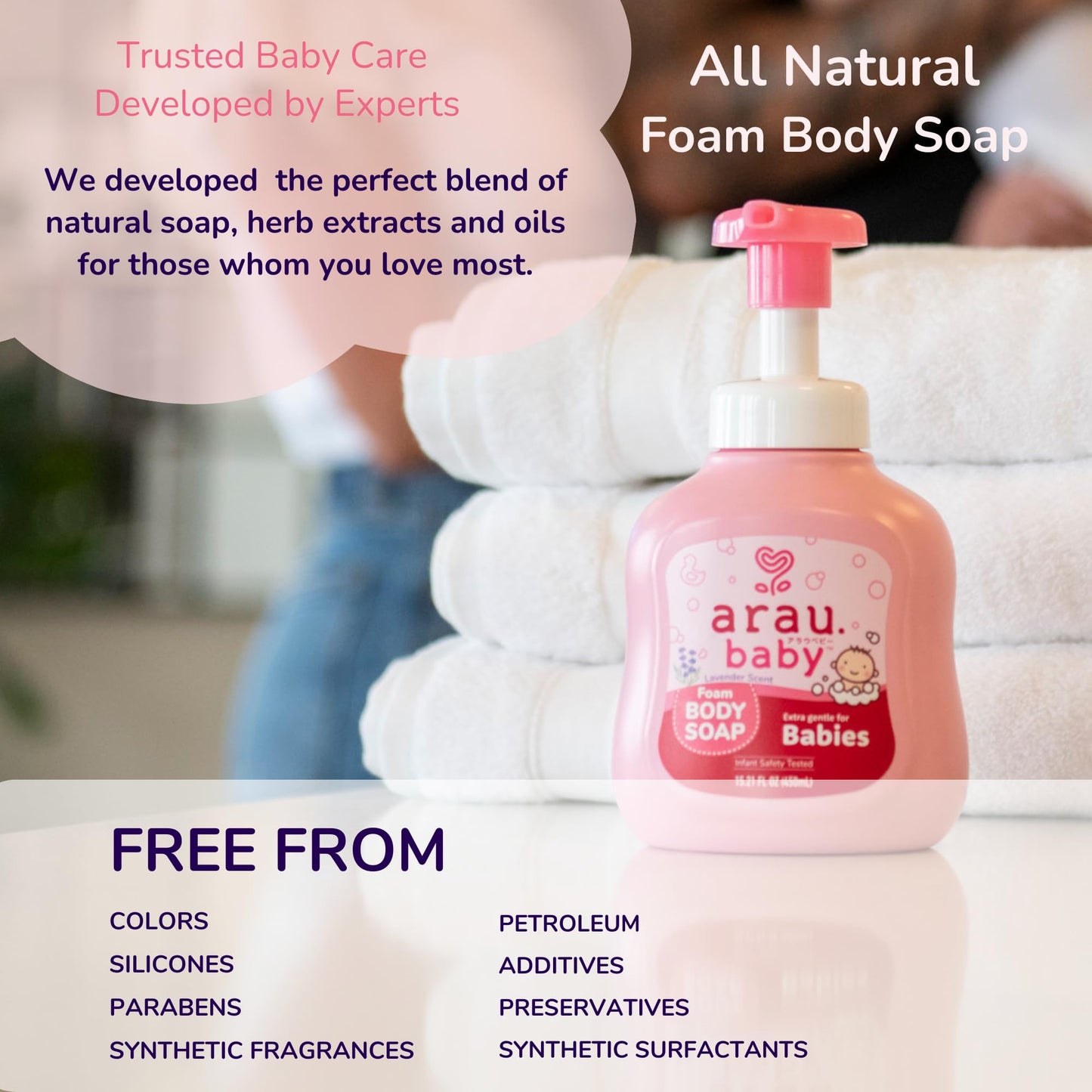 Arau Baby Foam Body Soap Lavender Scent, Natural Plant Based Baby Wash, No Artificial Fragrance or Additives, Gentle for Baby’s Sensitive Skin, Nourishing and Easy Rinse, 15.21 Fl Oz, 3 Pack
