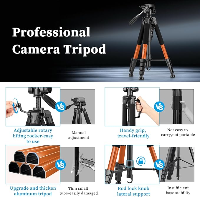 JOILCAN Tripod Camera Tripods, 74" Tripod for Camera Cell Phone Video Photography, Heavy Duty Tall Cameras Tripod Stand, Professional Travel DSLR Tripods Compatible with Canon iPhone, Max Load 15 LB