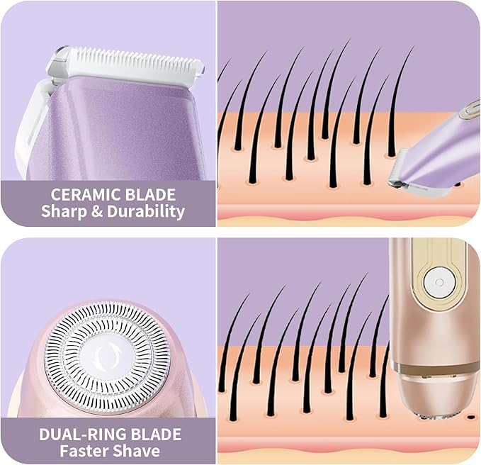 Bikini Trimmer for Women, 2-in-1 Dual Head Electric Shaver for Women, IPX6 Waterproof, Painless Body Hair Trimmer and Facial Hair Remover for Underarm, Leg, Arm, Face, Purple