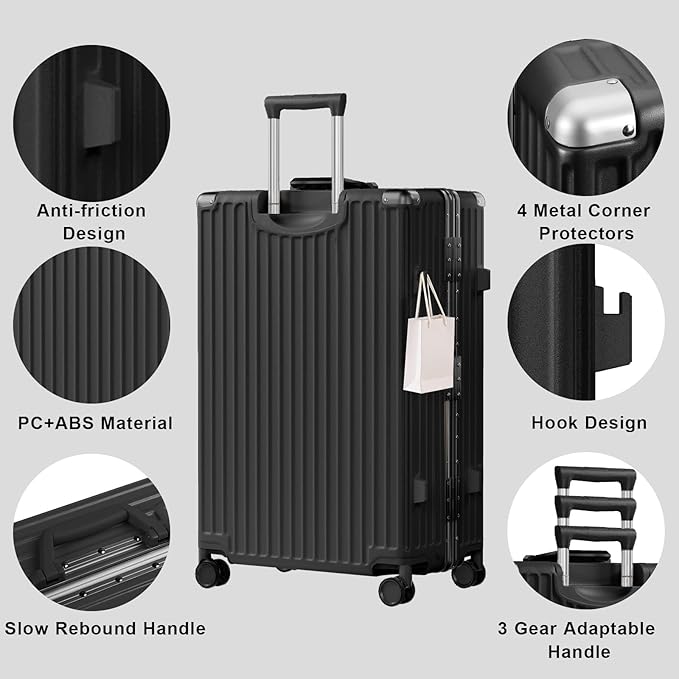 AnyZip Luggage Sets 2 Piece Aluminum Frame Carry On and Checked Suitcase PC ABS Hard Shell TSA Lock No Zipper(Black, 20/28)