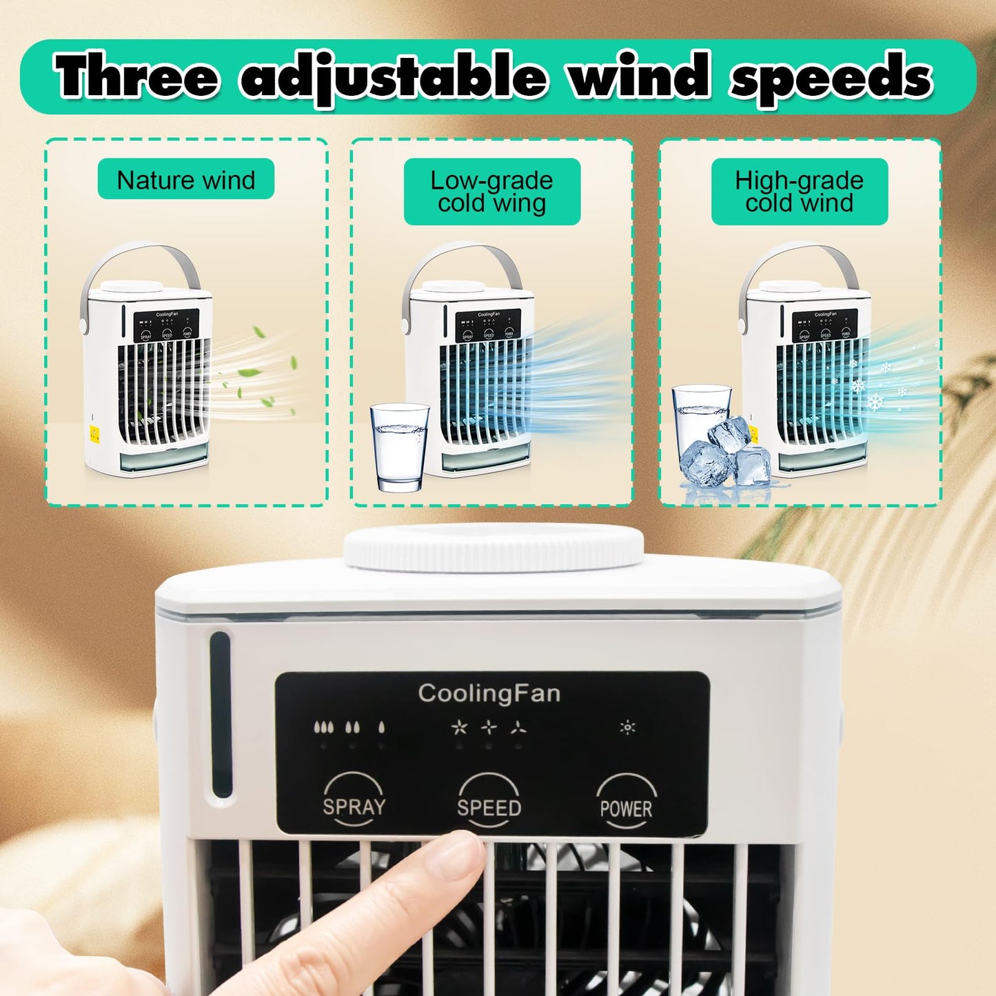 EnjoyCool Portable Air Conditioner, Evaporative Air Cooler, 3-IN-1 Personal Air Conditioner Cooling Fan with 3 Cool Air Spray, 3 Wind Speed, Small Desktop Humidifier Fan for Room Camping Car Office