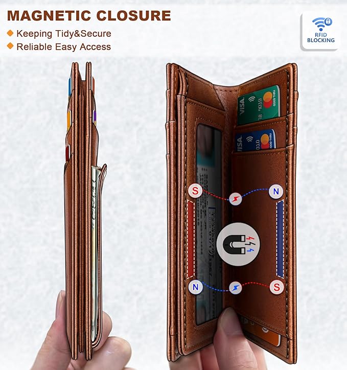 KEMISANT Men Wallet, Slim Leather Wallet Money Clip Magnetic Closure ID Windows 14Cards RFID Blocking