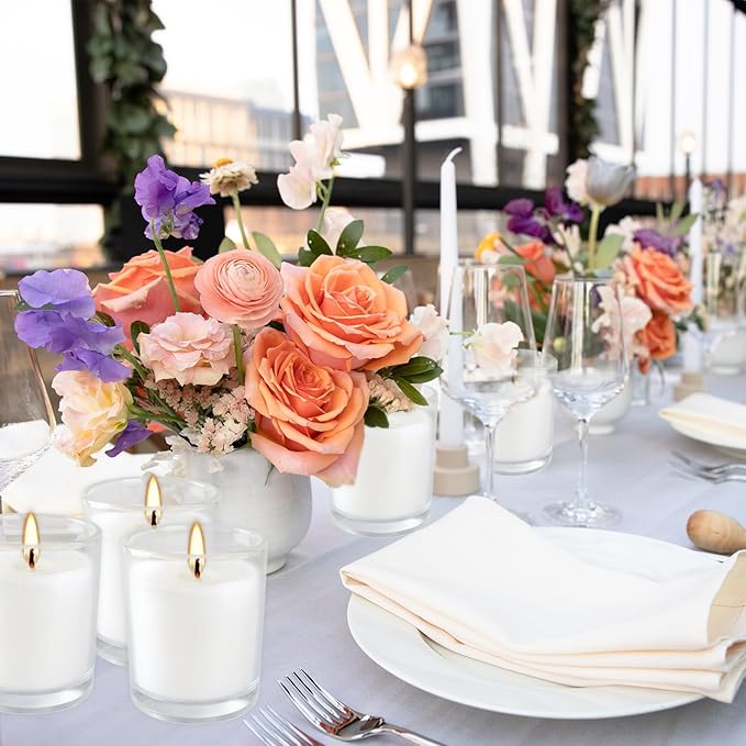 20 Pack White Unscented Glass Cup Candles - 15-20 Hour Burn Time, Soy Wax, Minimalist Style for Home Decor, Weddings, Parties & Special Occasions.