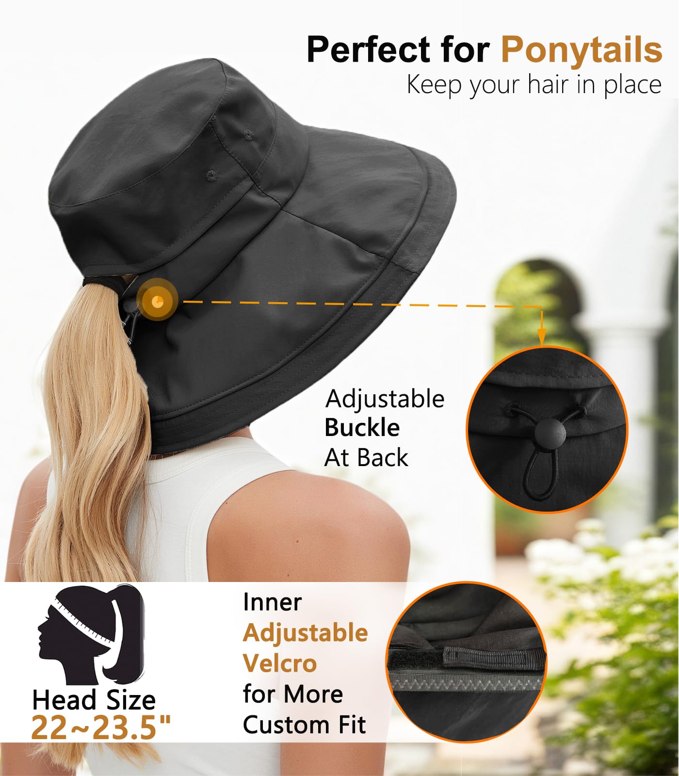 Sun Hats for Women, Wide Brim Waterproof Bucket Hat, Summer Beach Packable Ponytail Hat,UPF 50+ UV Protection Black