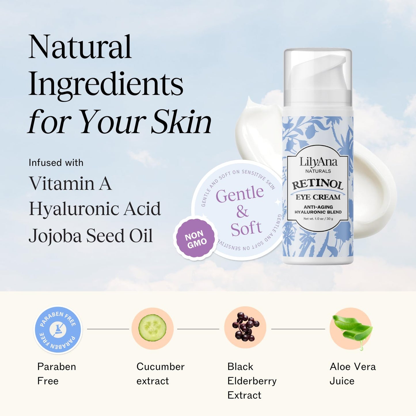 LilyAna Naturals Eye Cream - Eye Cream for Dark Circles and Puffiness, Under Eye Cream, Anti Aging Eye Cream Reduce Fine Lines and Wrinkles (1.0 Ounce, Retinol)