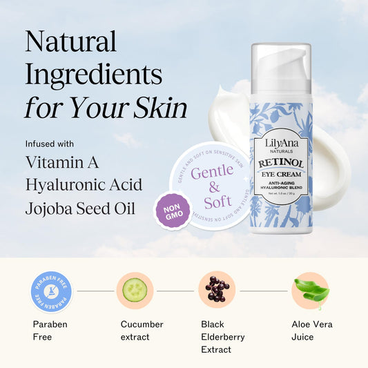 LilyAna Naturals Eye Cream - Eye Cream for Dark Circles and Puffiness, Under Eye Cream, Anti Aging Eye Cream Reduce Fine Lines and Wrinkles (1.0 Ounce, Retinol)