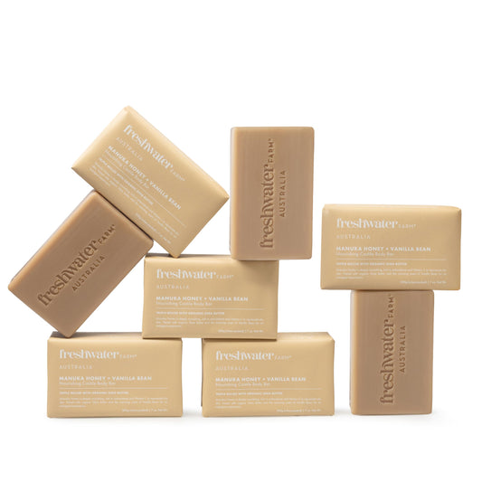Freshwater Farm Australia Soothing Castile Natural Body Bar/Soap Bar for Women/Men- Manuka Honey + Vanilla Bean. Bar Soap/Body Soap With Organic Shea Butter For Dry, Sensitive Skin - 7 oz x 8 pack
